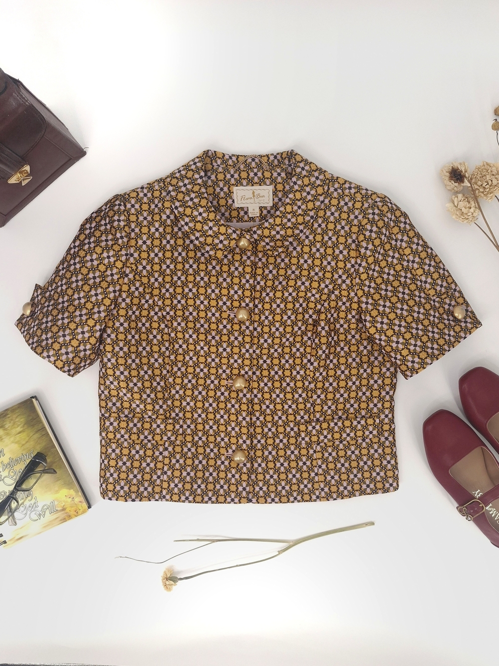 ✨Flora Bea NYC Retro Cropped Jacket Mod Gold Button Blouse - M✨